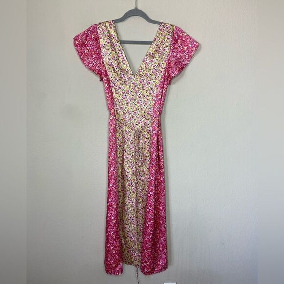 Cinq à Sept Jessica Midi Pink Yellow Dress Floral Stripe Wrap Size 0 - Picture 6 of 11